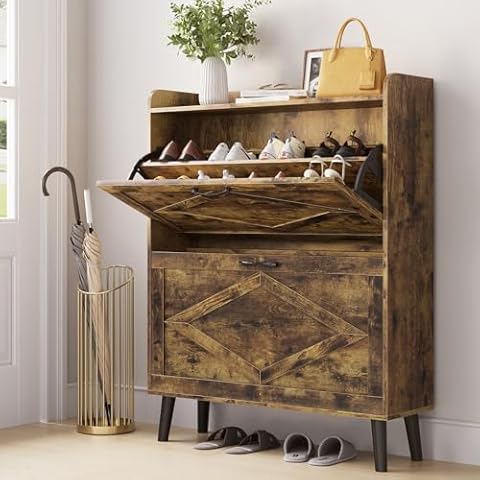 OtterOasis Shoe Storage Cabinet with 2 Flip Drawers, Farmhouse Narrow Shoe Cabinet for Entryway, Slim Shoe Organizer Cabinet with Wood Legs, Rustic Brown Cover
