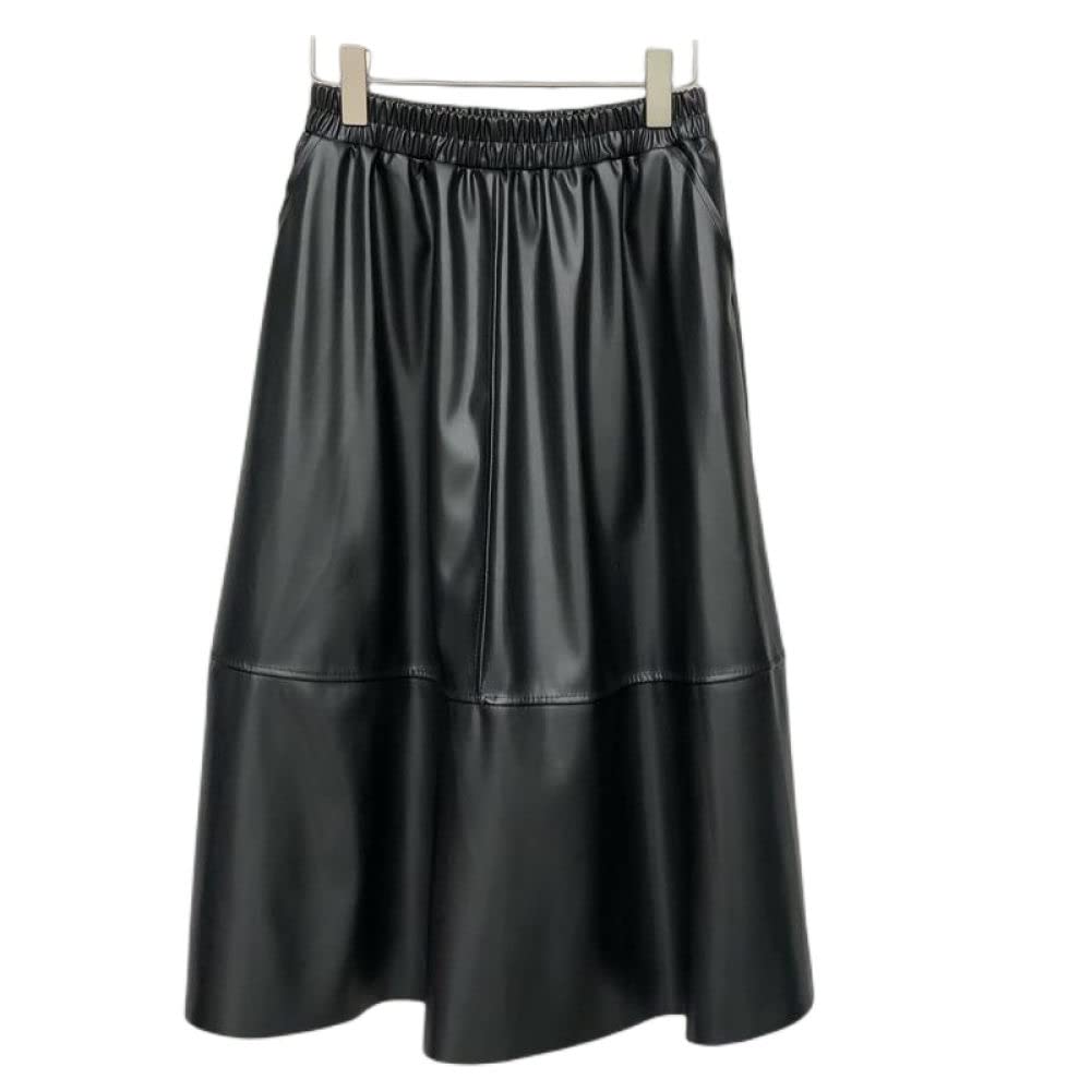 OZEO Röcke Damen,Damen Schlichter Pu-Lederrock Schwarz Hohe Taille Midirock Nähte Tasche A-Linie Schaukel Geraffte Einfache Lange Röcke Für Mädchen Damen Herbst Winter,M