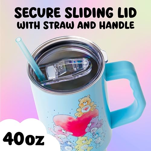 Image of Silver Buffalo Care Bears Watercolor Featuring Tenderheart, Cheer, Grumpy, Funshine, Bedtime, Share Bear Double Walled Stainless Steel Tumbler w Handle & Straw, Fits in Standard Cup Holder, 40 Ounces