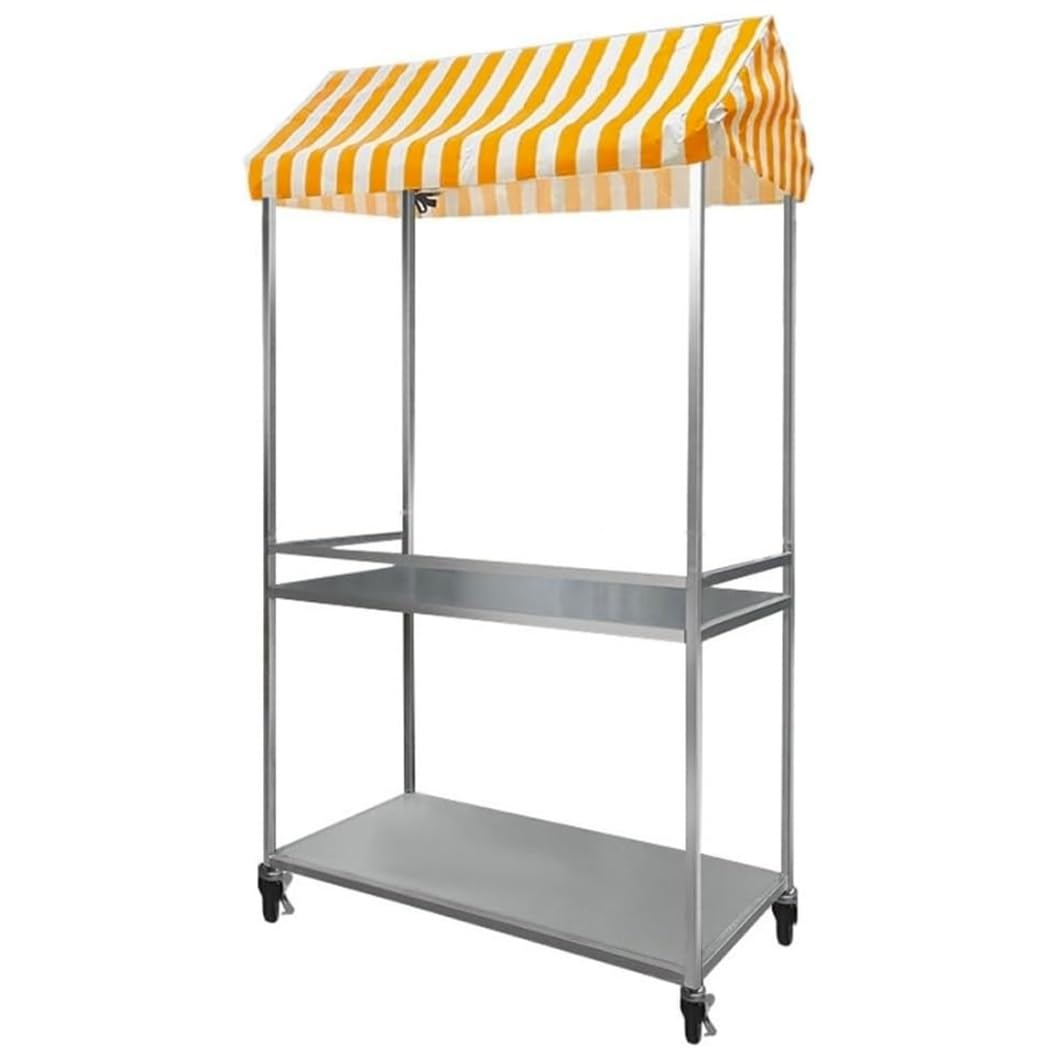 Vending Cart - 2-Tier Iron Frame Street Food Cart with Striped Canopy, Folding Market Stall Frame, Lockable Wheels, Portable Vendor Carts for Events