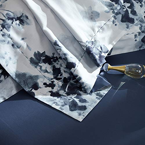 Image of MILDLY 100% Long Staple Cotton Duvet Cover Set Navy Blue Leaves Printed Comforter Cover Set Watercolor Plant Floral