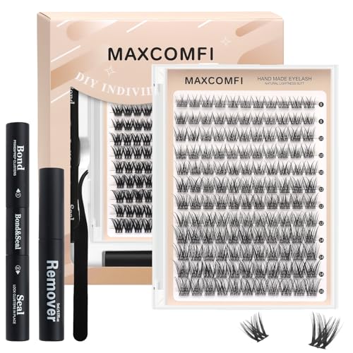 Maxcomfi Lash Clusters Kit 8-16mm 144 Clusters of Natural & Curly DIY False Eyelash Extensions with Professional Eyelash Glue Setting Solution Tweezers (MC03)