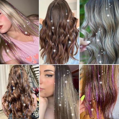 MISSUHUI 12Pcs Hair Tinsel Clip in Glitter Tinsel Hair Extensions 23.6Inch Clip in Hair Tinsel Sparkly Colorful Dazzle Fairy Hair Accessories, Easy to Use Tinsel Hair Clips (Colorful)