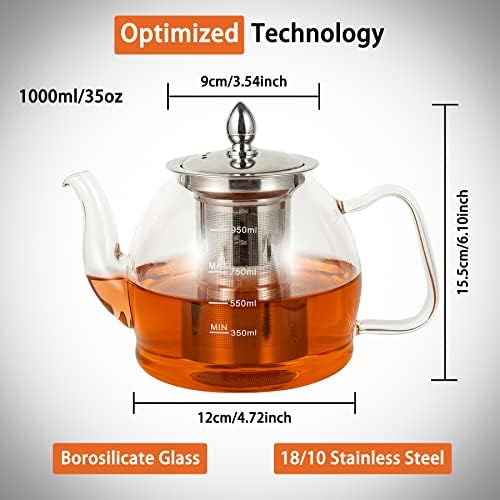 1000ml Glass Teapot with Infuser, Teapots, Tea Pots, Borosilicate Glass Teapot for Stovetop Safe, Tea Pot for Tea, Blooming Tea, with Stainless Steel Strainer for Loose Tea, Flowering Tea