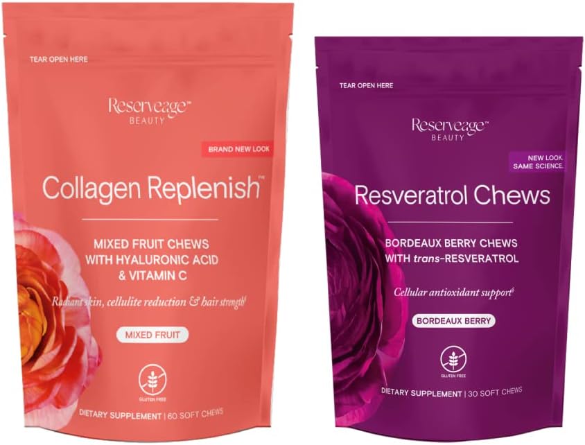 Reserveage Collagen Replenish Chews & Resveratrol Chews - Collagen & Resveratrol Supplements - Supports Skin - Provides Antioxidant Support - 60 Collagen Replenish Chews, 30 Resveratrol Chews