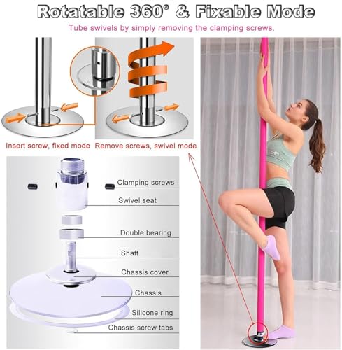 Barre de danse portable 45 mm rose avec grip silicone antidérapant et modes spin et fixe
