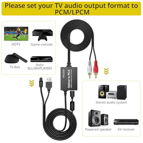 Image of PROZOR 192KHz Digital to Analog Audio Converter 7ft /2.1m Cable Optical to RCA Adapter Built-in Audio Amplifier Chip DAC Digital Audio Converter SPDIF Toslink to RCA for HDTV Amp Blu-Ray DVD PS3 PS4