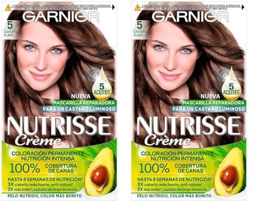 Garnier Nutrisse Creme Coloración Nutritiva Permanente, Tinte 100% Cobertura de Canas con Mascarilla Nutritiva de 4 Aceites - Tono 5 Castaño Claro (Paquete de 2)