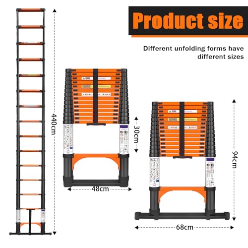 Chanjarhill 4,4m Teleskopleiter, Hochwertig Klappleiter Ausziehbare Leiter mit Stabilisator und Abnehmbaren Haken, Robust Tragbar Stehleiter Haushaltsleiter Anlegeleiter für Wohnmobile und Dachböden