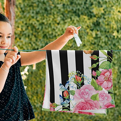 Pink Flowers Hand Towel Set Of 2 Classic Black White Striped Face Towels Soft Guest Fingertip Towels For Bathroom Hotel Gym Spa #TOP4