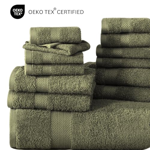 Image of LANE LINEN 100% Cotton Bath Towel Set of 18 - Softer, High Absorbency & Durable - 4 Bath, 8 Wash Cloth, 6 Hand Towels for Bathroom - Premium Look, Spa Quality, Solid Dyed Towels - Oil Green