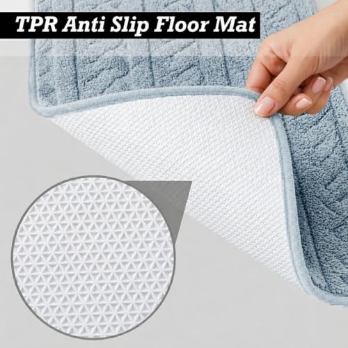 Image of LUXE HOME INTERNATIONAL Microfiber Bath Mat for Bathroom Anti Slip Water Soak Plush Soft Chain Stripe Door Mat for Home Bedroom Washable Floor Rug (40x58cm Blue) Pack of 1