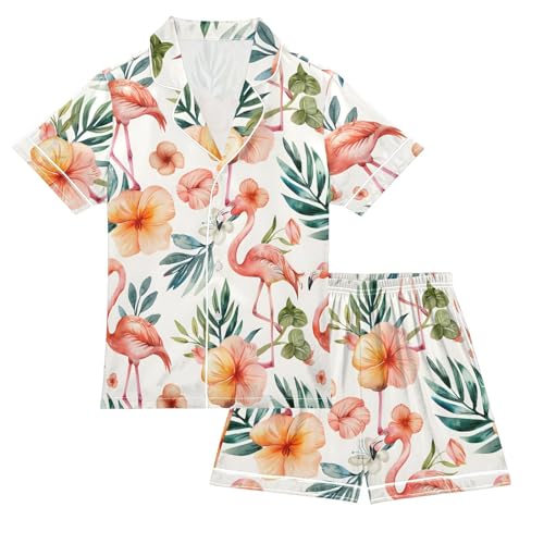 ALAZA Watercolor Flamingo Bird Palm Leaf Blossom Satin Pajamas Set Short Sleeve Button Down Sleepwear Summer Pjs 2 Piece