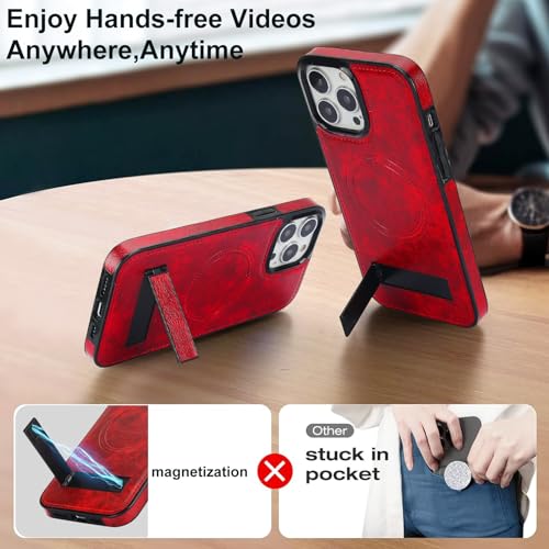 Coque iPhone 13 Pro Max cuir bordeaux compatible charge sans fil MagSafe et béquille intégrée
