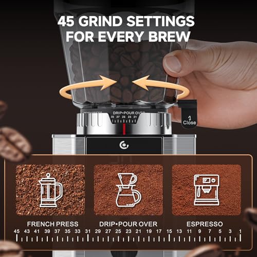 Image of AMZCHEF Burr Coffee Grinder with 45 Settings, Anti-Static, Ice Silver