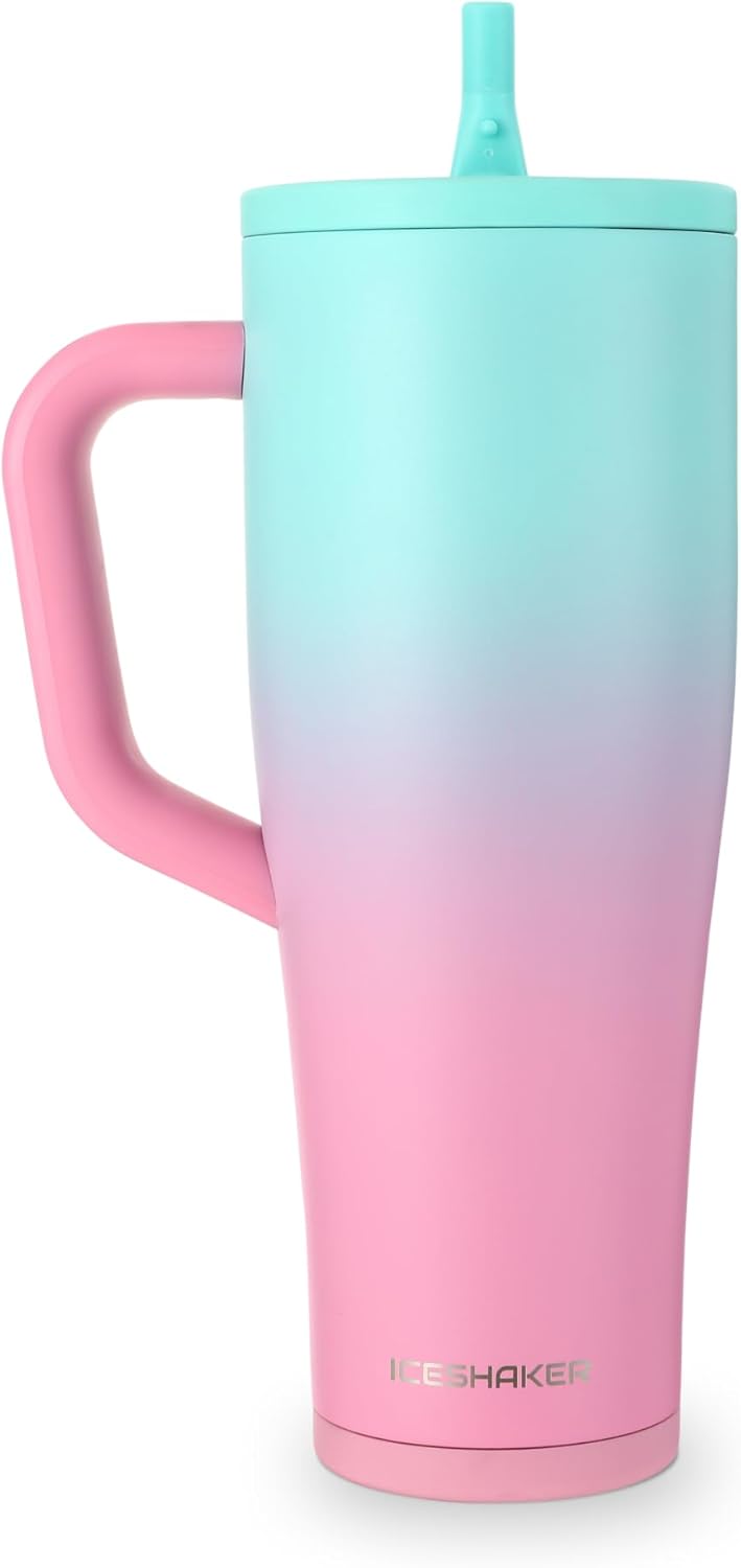 Ice Shaker 40 oz Tumbler with Handle and Straw | 40oz Pink Mint | Cold for 30+ Hours | 2-in-1 Tumbler Shaker Bottle | Odor-Free 40 ounce Bottle for Water, Protein Shakes, Smoothies, Cocktails