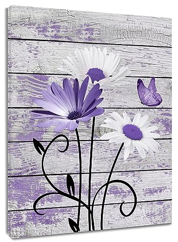 HVEST Farmhouse Floral Wall Art for Living Room, Purple and White Daisy Flower and Butterfly on Rustic Wood Board Canvas Wall Art Framed Artwork Ready to Hang for Bathroom Bedroom Decor, 16L X 12W