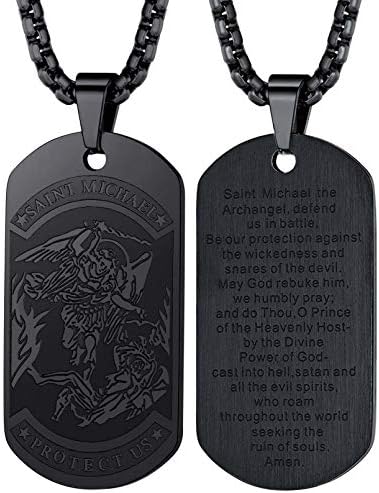 FaithHeart Saint Michael Necklace, Police Protector Gifts for Men/Women, Stainless Steel St. Michael The Archangel Medal Pendant Dog Tag Jewelry (Send Gift Box)- Black
