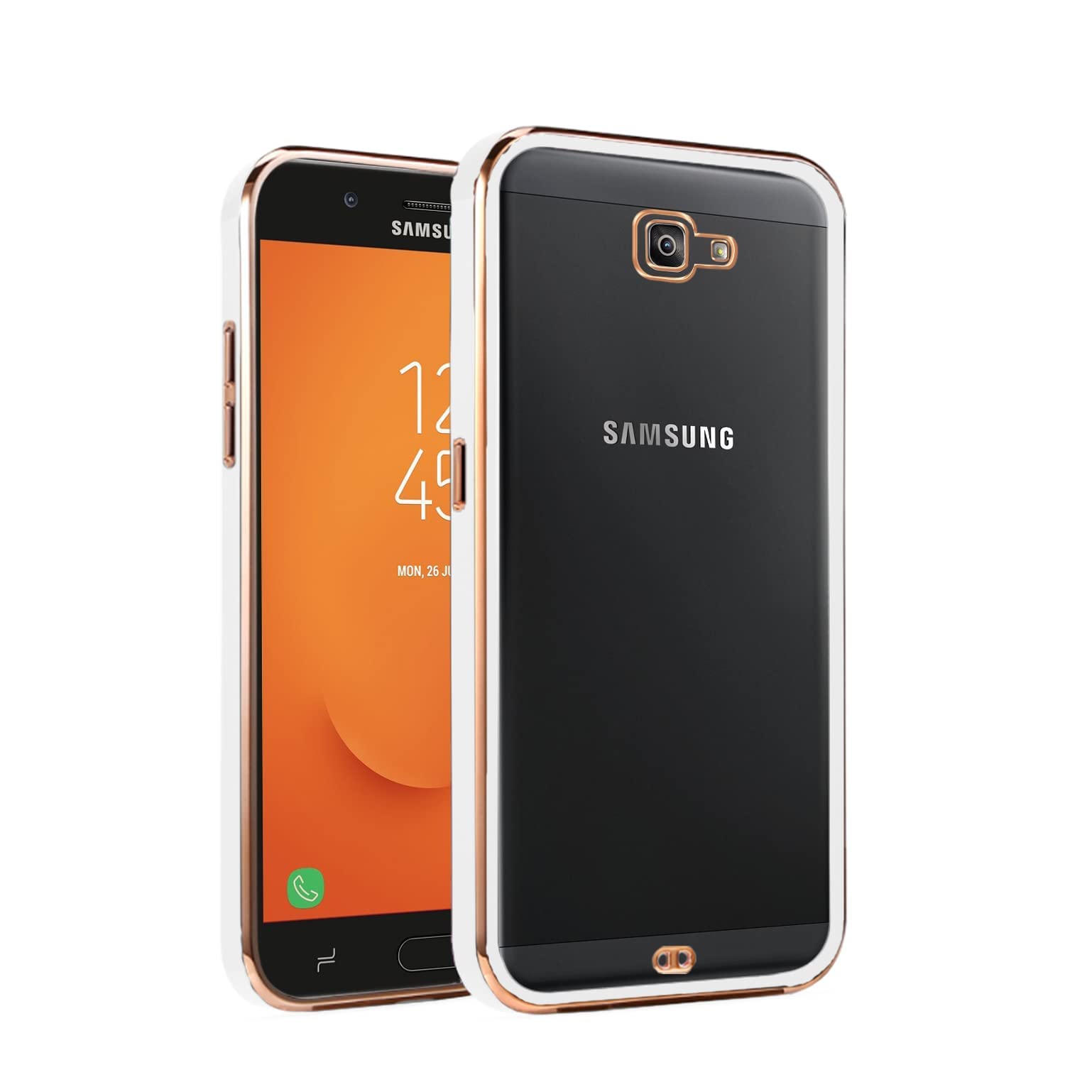 Amazon Basics Back Cover for Samsung Galaxy J7 Prime | Gold Electroplating Transparent Chrome Bumper Case (White)