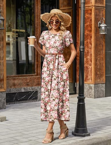 Image of Zeagoo Summer Dresses for Women 2026 Maxi Bohemian Floral Short Sleeve Long Dress Casual Flowy Tired Beach Sundress