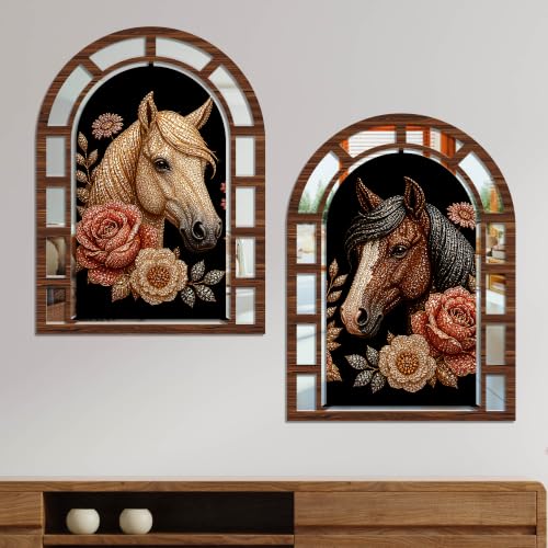 Image of Artvibes Royal Horse & Floral Decorative Wall Hanging | Jharokha Mirror Wall Hanging for Living Room, Hall, Bedroom, Lobby, Entrance & Office | Gift (WH 12004N), Set of 2