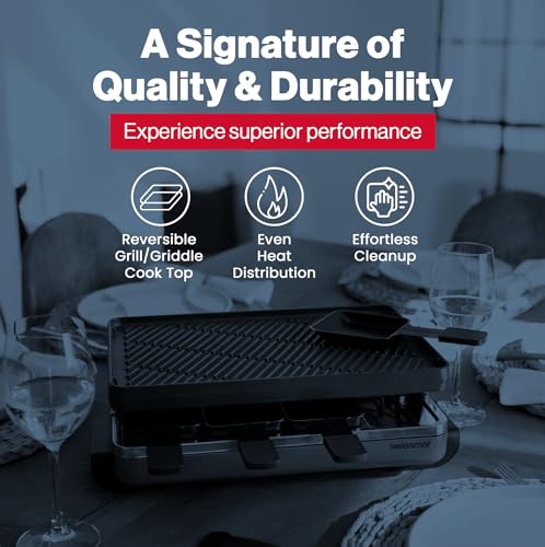 Image of Swissmar Classic 8-Person Raclette Party Grill with Reversible Cast Iron Grill Plate /Crepe Top, Indoor Electric Raclette Grill & Griller - Red