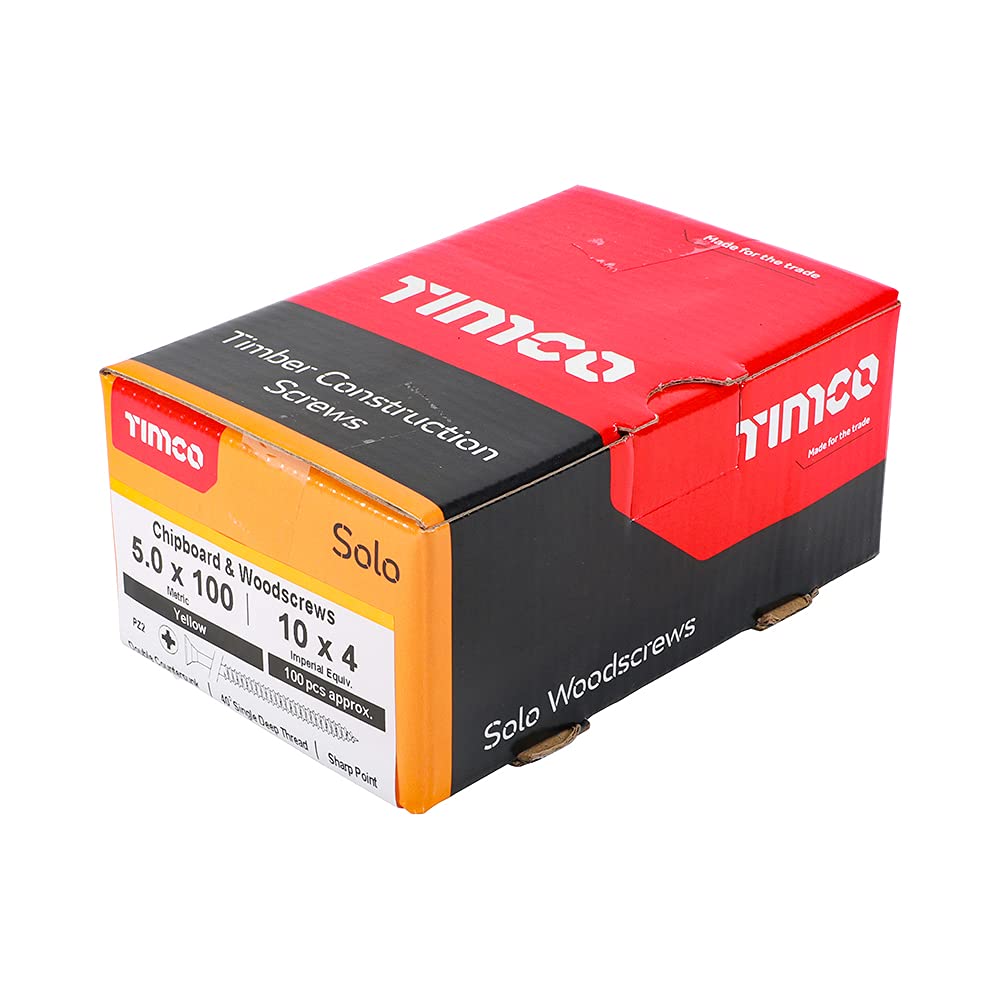 TIMCO Solo wkręty do drewna 5,0 x 100 mm – łba stożkowa – żółta (pudełko 100) – 50100SOLOC, 5,0 x 100 mm, zestaw 100 sztuk