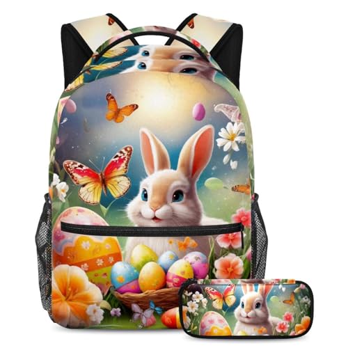 Sac à dos lapin de Pâques avec trousse, ensemble scolaire multicolore pour enfant et ado 40cm
