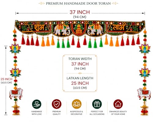 Image of Toran for Main Door Entrance | Traditional Handmade Door Hanging Garland for Decoration Bandhanwar for Main Door,Size 37 Inch (Elephant Toran with Cow Latkan)