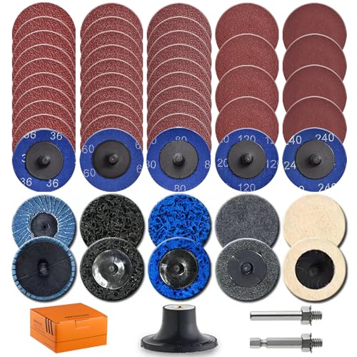 SWUMUO 51Pack 2 Inch Die Grinder Accessories Sanding Discs Kit with 1/4 Shank Roll on Discs Set for Drill Metal Grinding Surface Conditioning Paint & Rust Removal