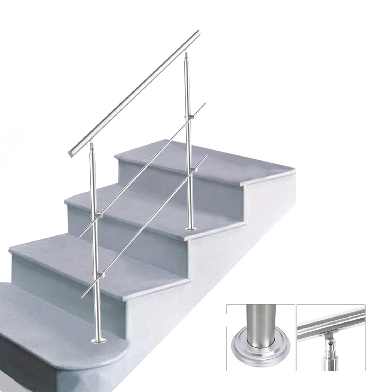 Poręcz ze stali nierdzewnej, do balustrady schodowej, na balkon, 80 cm, z 2 poprzeczkami Ø 42 mm, do wewnątrz i na zewnątrz