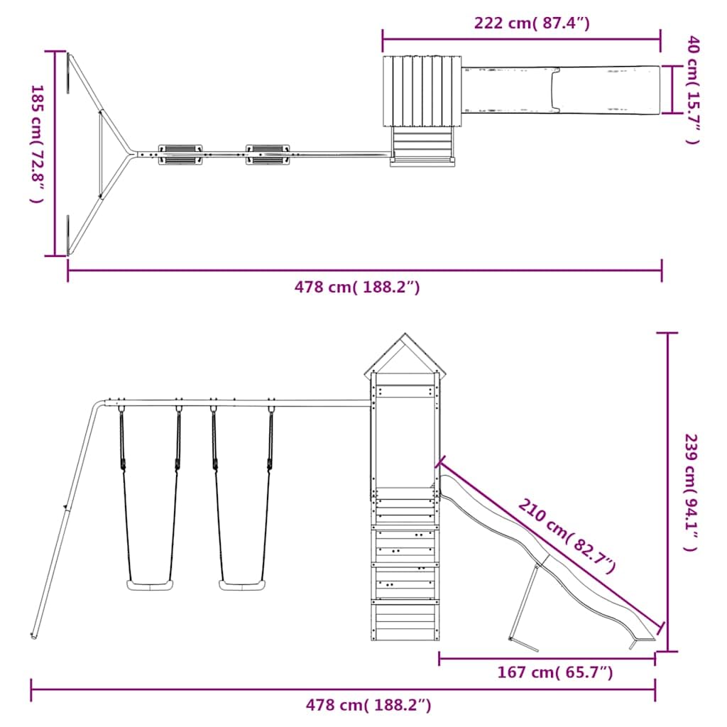 Torre da gioco in legno di pino massiccio con scivolo ondulato, doppia altalena e sabbiera, per giardino e cortile, piattaforma da 118 cm, per bambini da 3 a 8 anni, 478 x 185 x 239 cm
