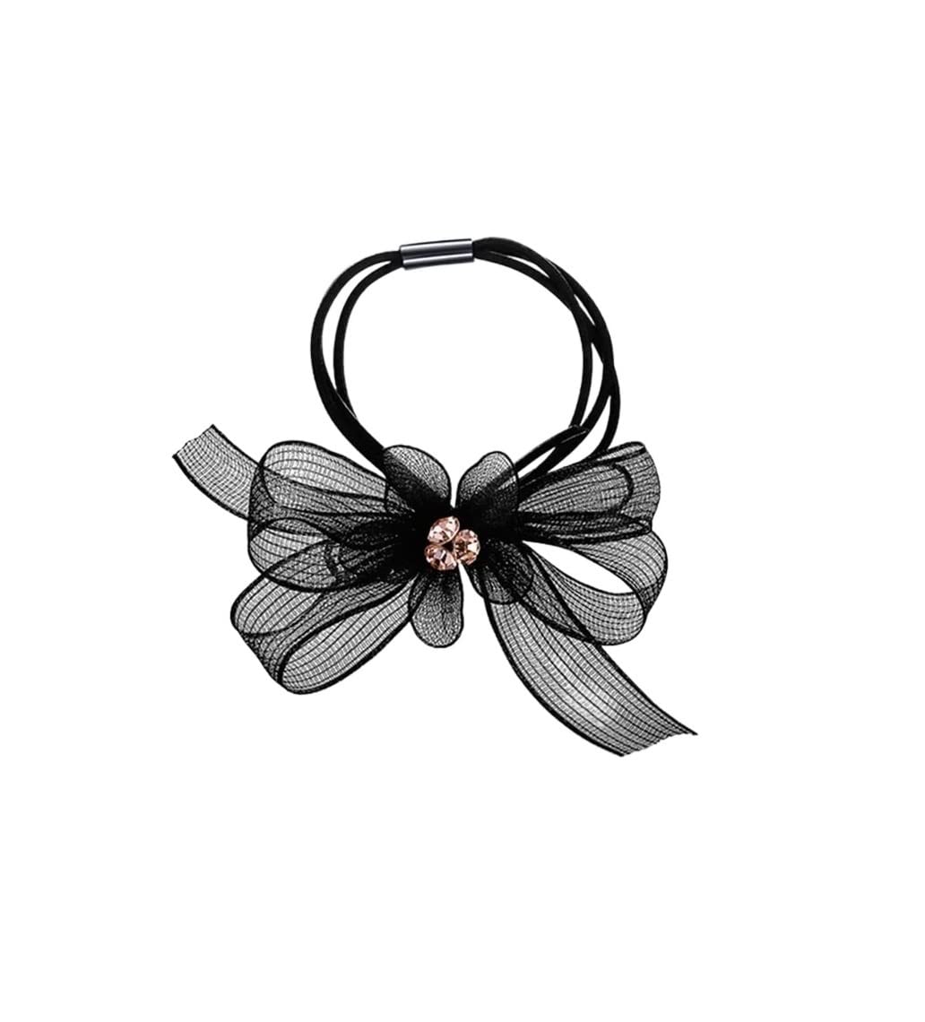 Dekoracja Do WłOsóW Mesh Flower Hair Ring Wiązana Lina Do Włosów Wstążka Stroik Kucyk Akcesoria Nadaje Się Na Wiele Okazji(Black)