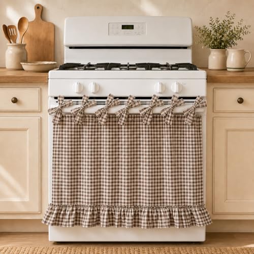FEHOKA Rustic Kitchen Oven Curtain Farmhouse Ruffle Oven Door Cover with Tie-Up Design Decorative Skirt for Stove Dishwasher Cabinet Coffee Brown