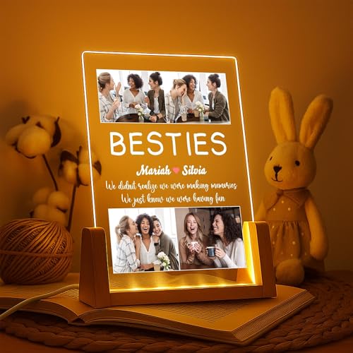 Image of Friendship Day Custom Photo Collage LED Lamp, Personalised Acrylic Night Light for Best Friends, Warm White, Wooden Base, Touch Control, Modern Style (Bestie 4)