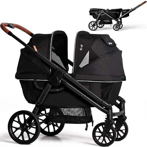 Wagon Stroller for 2 Kids, All-Terrain with Removable UV-Protection Canopy, Adjustable Push/Pull Handle, Snack Tray & Cup Holders, Perfect for Baby and Toddler (Black)