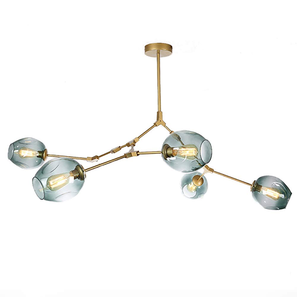 Lustre de luxe Spoutnik en verre transparent et bleu à 5 lampes E27