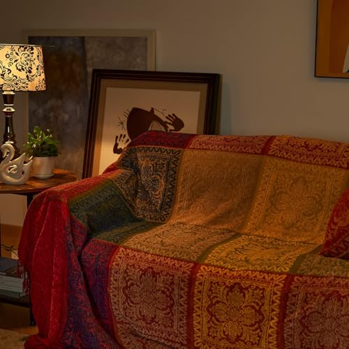 amorus Bohemian Throw Blankets Chenille Jacquard Tassels Soft Chair Cover for Bed Couch Decorative Sofa Throw Blankets - Colorful Tribal Pattern (Red, 60x75 Inches)