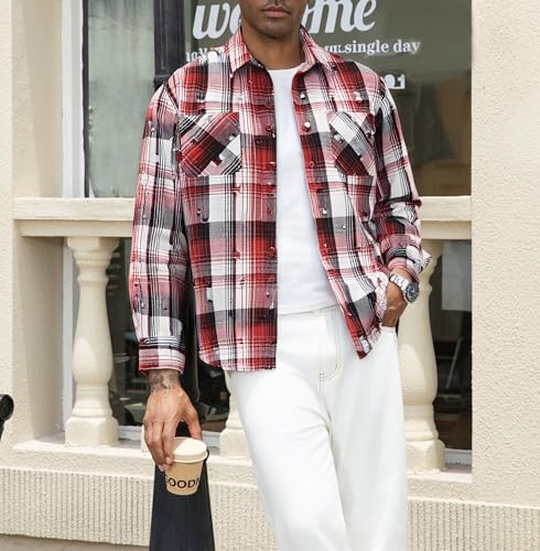 Image of WARHORSEE Flannel Shirt for Men Long Sleeve Button Down Plaid Shirts