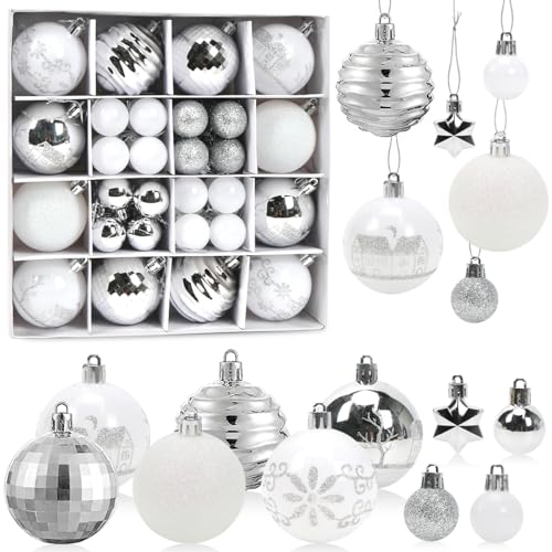 Christbaumschmuck Weiß Silber 27 Weihnachtskugeln Weiß Silber, 44 Stück Christbaumkugeln Kunststoff...