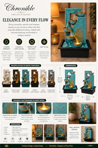 Image of CHRONIKLE Indoor Tabletop Water Fountain with Warm LED Light & Controller Pump | Golden Leaf Designer 4 Diya Step Cascade Polyresin Waterfall Fountain for Home, Meditation Decor|Turquoise|40x29.5x22CM
