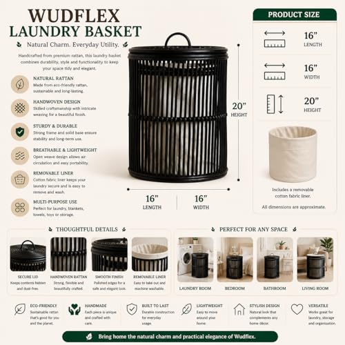 Image of Wicker Cane Laundry Basket with Lid & Removable Liner | Handwoven Natural Rattan Clothes Hamper for Bedroom, Bathroom & Laundry Room (BALCK)