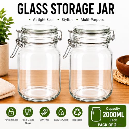 Image of Vasukie 2000ML Glass Jars With Airtight Leak Proof Lids | Wide Mouth Storage Canister Jars Perfect for Kitchen Canning, Dry Food, Spices, Pickle, Coffee, Tea, Snacks, Sugar, and More (Pack Of 3)
