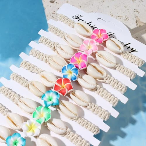 Pingyongchang 12Pcs Hawaiian Plumeria Rubra Seashell Bracelets Cute Handmade Flower Shell Starfish Braided Friendship Bracelet Set for Women Boho Beach Vacation Holiday Jewelry Gift3