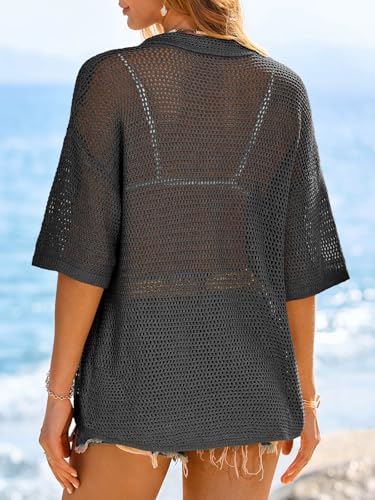 Image of Fisoew Womens Crochet Lightweight Cardigan Sweaters Short Sleeve Summer Button Down Collared Loose Cover Up Shirts