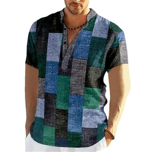 Men's Vintage Patchwork Color Block 3D Print Henley Shirts Man Stand Collar Short Sleeve T Shirt Male Tees Tops3