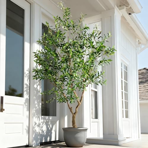 8FT Faux Olive Tree with Tall Exquisite Planter Artificial Olive Tree Tall, Potted Fake Olive Plant with 2070 Real Touch Leaves, Indoor Outdoor Home Garden Office Decor