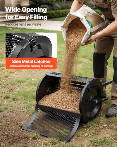 Image of VEVOR Compost Spreader, 16.5 inch Wide Peat Moss Spreader with T Shaped Handle, 3 Heights Adjustable, Powder-Coated Steel Garden Peat Moss Roller, Heavy Duty Grass Seed Roller for Planting Seeding, Black