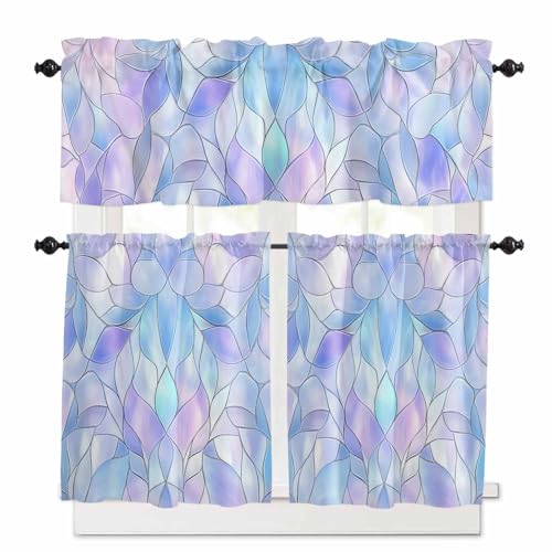 Stained Glass Kitchen Curtains 24 Inch Length, 3 Piece Rod Pocket Small Half Tiers and Valance Set, Blue Purple Floral Geometric Small Large Window Treatment Decor for Bedroom/Bathroom Sink