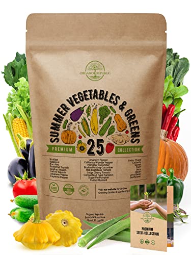 25 Summer Vegetable Garden Seeds Variety Pack for Planting Outdoors and Indoor Home Gardening 2500+ Non-GMO Heirloom Veggie & Salad Green Seeds: Collards Tomato Pepper Okra Onion Bean Cucumber & More